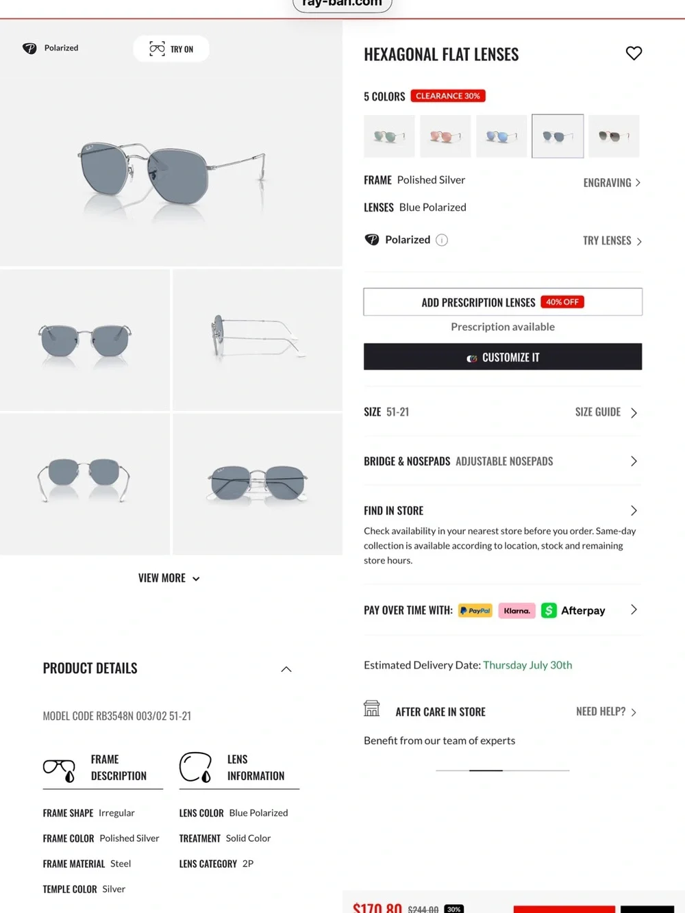 Ray-Ban hexagonal, flat lens Silver Sunglasses with blue mirror lenses